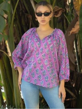 Sohana Frayed Floral Block Print Cotton Blouse Size L